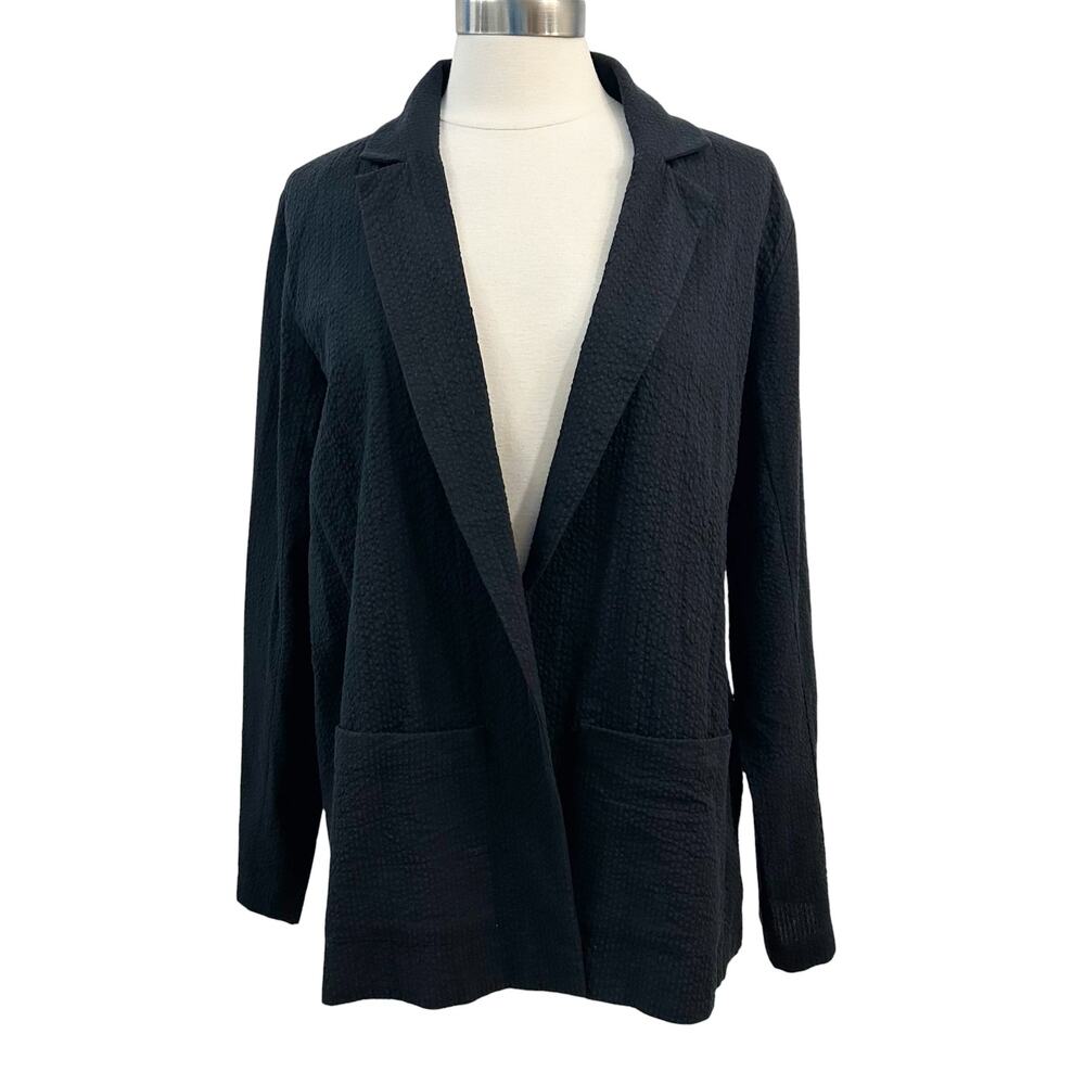 Eileen Fisher Black Organic Cotton Ripple Blazer Open Front Jacket M
